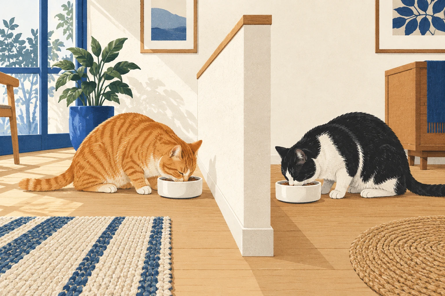 仕切りの左右で、それぞれの器からごはんを食べる2匹の猫のイラスト